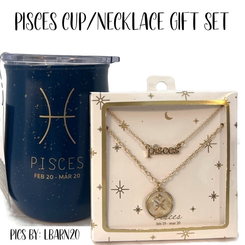 Astrology Pisces Cup Wine Sipper & Gold Necklace Pearl Name Script Navy Gift Set